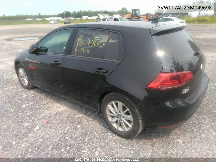 3VW117AU2GM049698 2016 Volkswagen Golf S