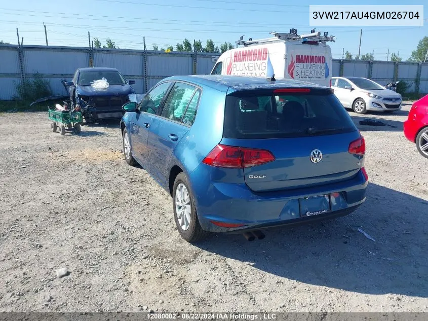 2016 Volkswagen Golf VIN: 3VW217AU4GM026704 Lot: 12080002