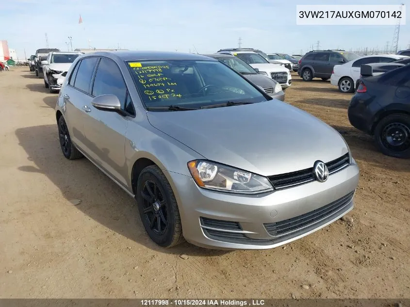 2016 Volkswagen Golf VIN: 3VW217AUXGM070142 Lot: 12117998