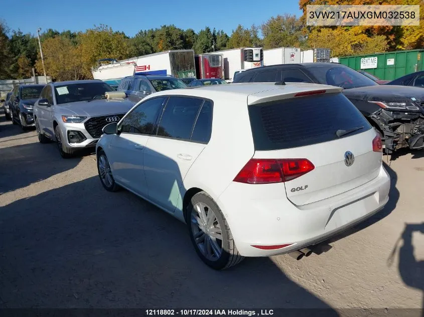 2016 Volkswagen Golf VIN: 3VW217AUXGM032538 Lot: 12118802