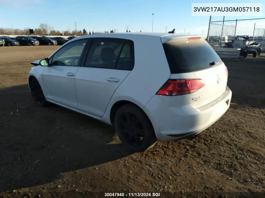 2016 Volkswagen Golf S/Se/Sel VIN: 3VW217AU3GM057118 Lot: 30047940