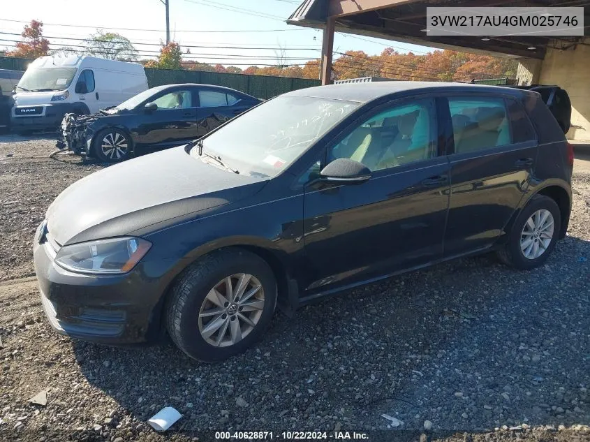 2016 Volkswagen Golf Tsi S 4-Door VIN: 3VW217AU4GM025746 Lot: 40628871