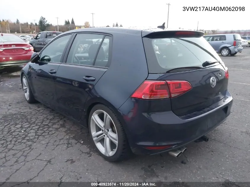 2016 Volkswagen Golf Tsi S 4-Door VIN: 3VW217AU4GM062098 Lot: 40923574