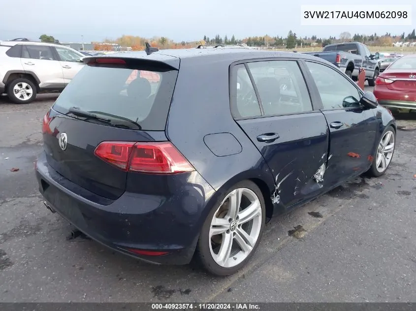 2016 Volkswagen Golf Tsi S 4-Door VIN: 3VW217AU4GM062098 Lot: 40923574