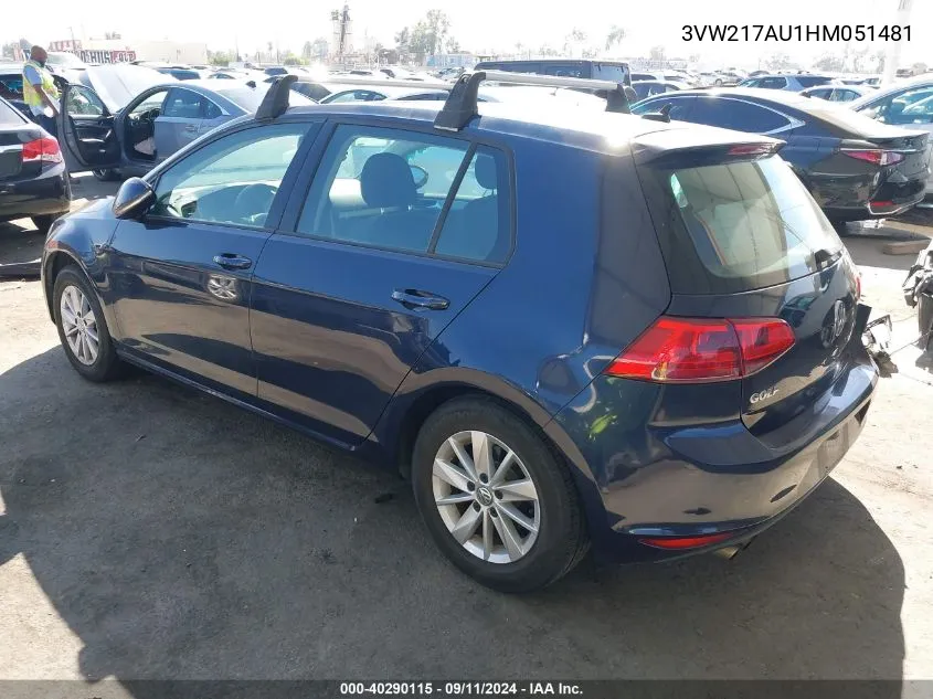 2017 Volkswagen Golf Tsi S 4-Door/Tsi Se 4-Door/Tsi Sel 4-Door/Tsi Wolfsburg Edition 4-Door VIN: 3VW217AU1HM051481 Lot: 40290115