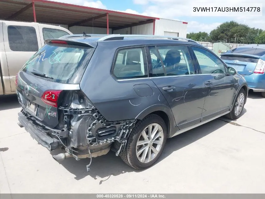 2017 Volkswagen Golf Alltrack S/Se/Sel VIN: 3VWH17AU3HM514778 Lot: 40320528