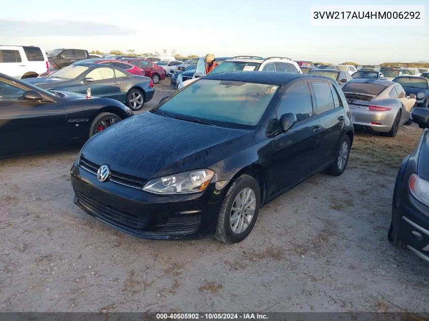 2017 Volkswagen Golf Tsi S 4-Door VIN: 3VW217AU4HM006292 Lot: 40505902