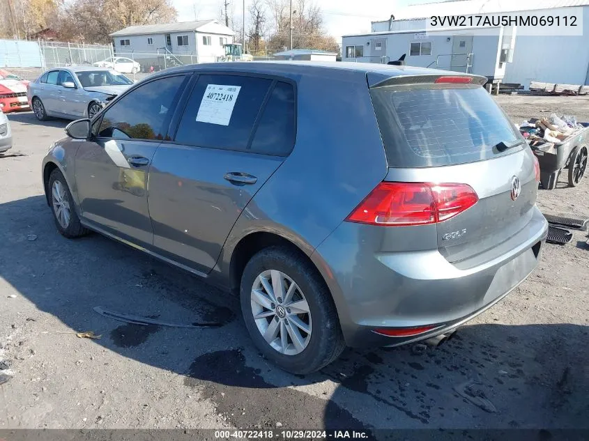 2017 Volkswagen Golf Tsi S 4-Door/Tsi Se 4-Door/Tsi Sel 4-Door/Tsi Wolfsburg Edition 4-Door VIN: 3VW217AU5HM069112 Lot: 40722418