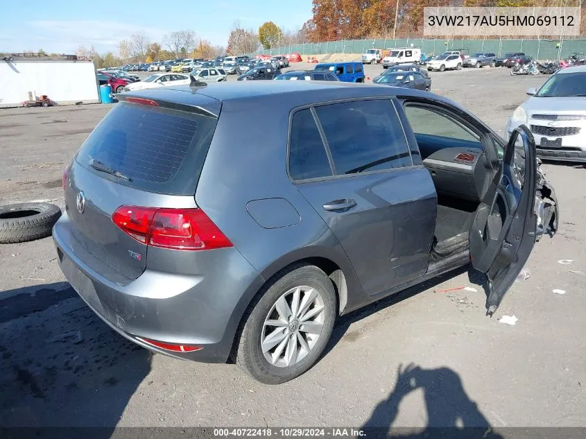 2017 Volkswagen Golf Tsi S 4-Door/Tsi Se 4-Door/Tsi Sel 4-Door/Tsi Wolfsburg Edition 4-Door VIN: 3VW217AU5HM069112 Lot: 40722418