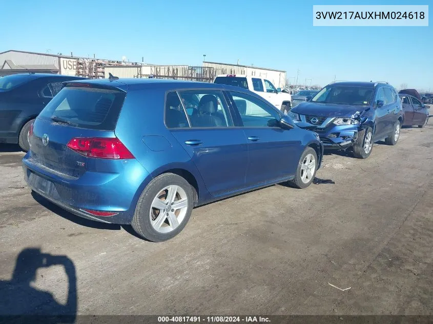 2017 Volkswagen Golf Tsi S 4-Door/Tsi Se 4-Door/Tsi Sel 4-Door/Tsi Wolfsburg Edition 4-Door VIN: 3VW217AUXHM024618 Lot: 40817491