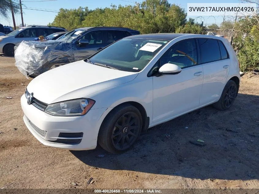 2017 Volkswagen Golf Tsi S 4-Door/Tsi Se 4-Door/Tsi Sel 4-Door/Tsi Wolfsburg Edition 4-Door VIN: 3VW217AUXHM024926 Lot: 40820458