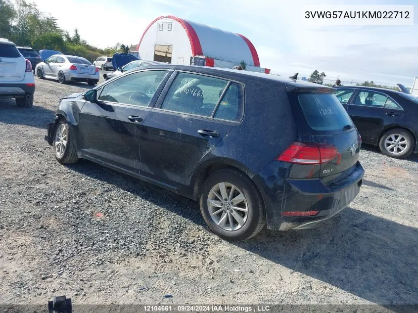 3VWG57AU1KM022712 2019 Volkswagen Golf