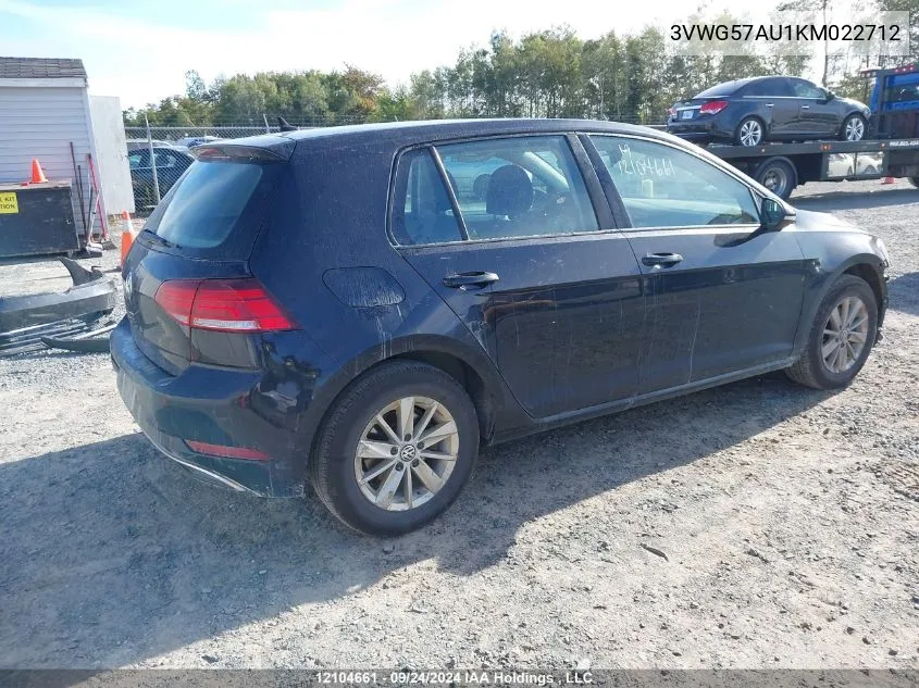 3VWG57AU1KM022712 2019 Volkswagen Golf