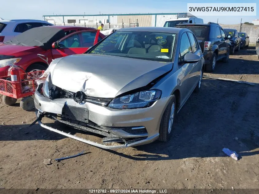 2019 Volkswagen Golf S/Se VIN: 3VWG57AU9KM027415 Lot: 12112782