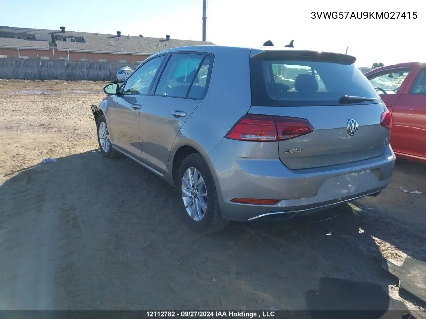 2019 Volkswagen Golf S/Se VIN: 3VWG57AU9KM027415 Lot: 12112782