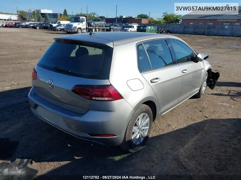 2019 Volkswagen Golf S/Se VIN: 3VWG57AU9KM027415 Lot: 12112782