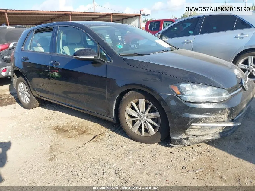 2019 Volkswagen Golf 1.4T S/1.4T Se VIN: 3VWG57AU6KM015190 Lot: 40396579