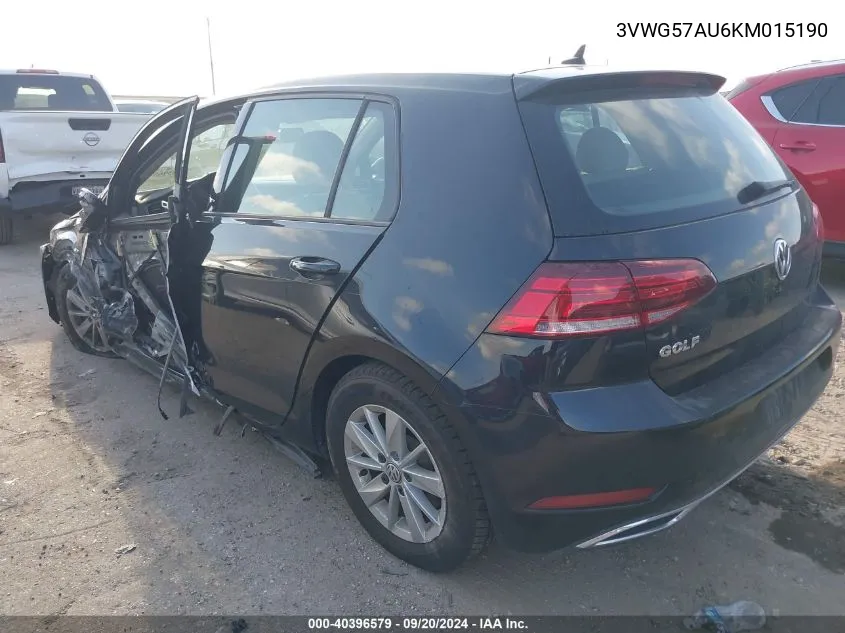 2019 Volkswagen Golf 1.4T S/1.4T Se VIN: 3VWG57AU6KM015190 Lot: 40396579