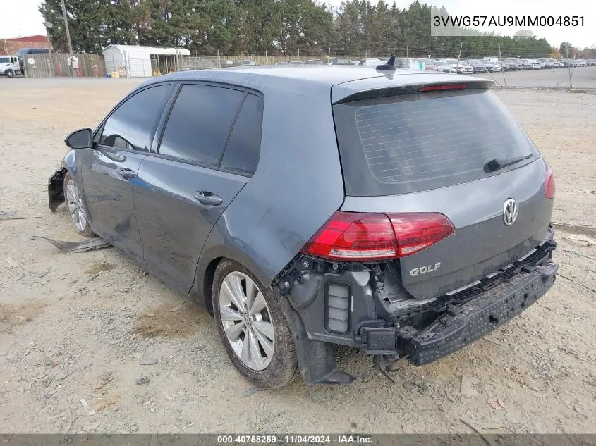 2021 Volkswagen Golf 1.4T Tsi VIN: 3VWG57AU9MM004851 Lot: 40758259