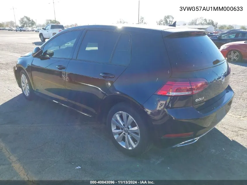 2021 Volkswagen Golf 1.4T Tsi VIN: 3VWG57AU1MM000633 Lot: 40843096