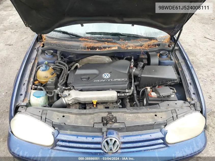 2002 Volkswagen Gti 1.8L (A5) VIN: 9BWDE61J524008111 Lot: 38886051