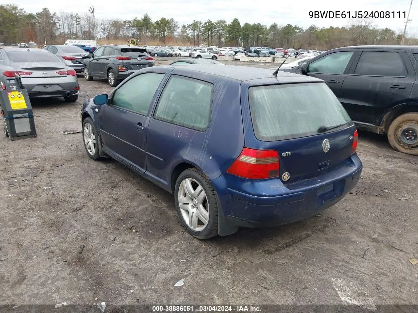 2002 Volkswagen Gti 1.8L (A5) VIN: 9BWDE61J524008111 Lot: 38886051