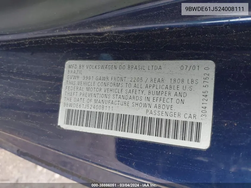 2002 Volkswagen Gti 1.8L (A5) VIN: 9BWDE61J524008111 Lot: 38886051