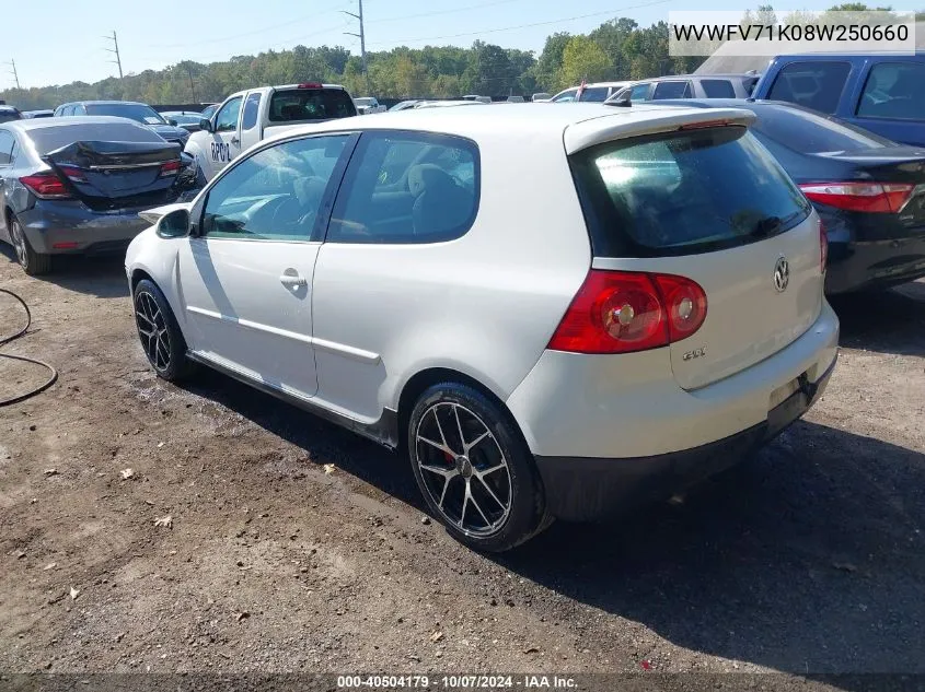 2008 Volkswagen Gti 2-Door VIN: WVWFV71K08W250660 Lot: 40504179