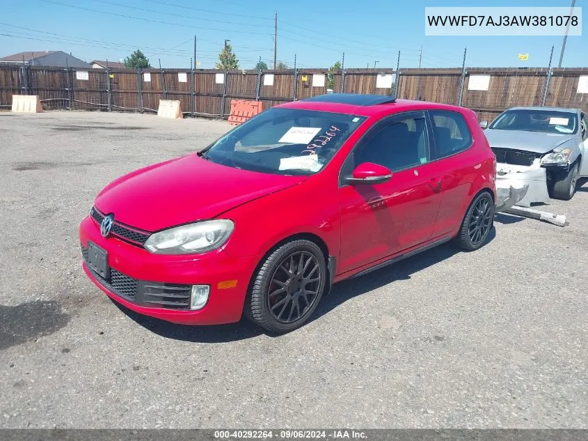 2010 Volkswagen Gti 2-Door VIN: WVWFD7AJ3AW381078 Lot: 40292264