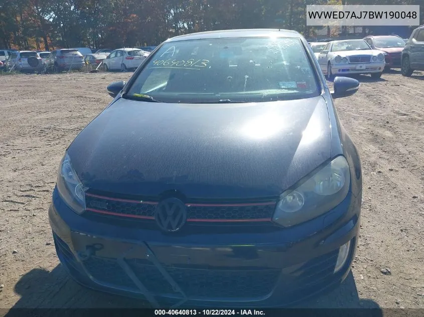 2011 Volkswagen Gti 2-Door VIN: WVWED7AJ7BW190048 Lot: 40640813