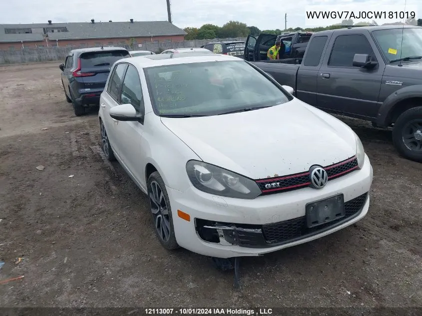 2012 Volkswagen Gti VIN: WVWGV7AJ0CW181019 Lot: 12113007