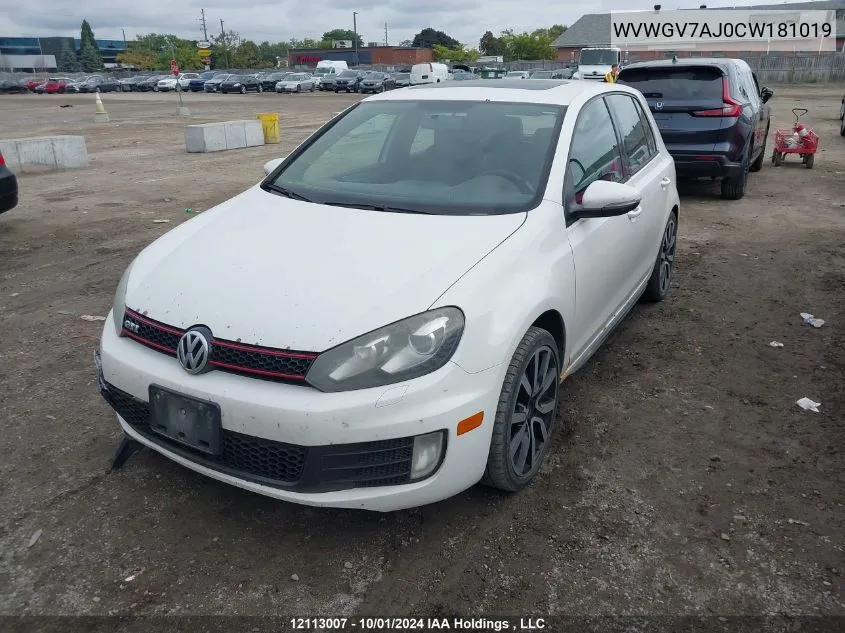 2012 Volkswagen Gti VIN: WVWGV7AJ0CW181019 Lot: 12113007