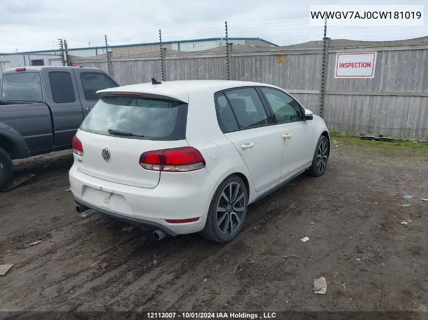 2012 Volkswagen Gti VIN: WVWGV7AJ0CW181019 Lot: 12113007