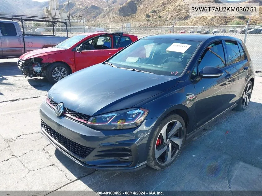 2019 Volkswagen Golf Gti 2.0T Autobahn/2.0T Rabbit Edition/2.0T S/2.0T Se VIN: 3VW6T7AU2KM036751 Lot: 40100452