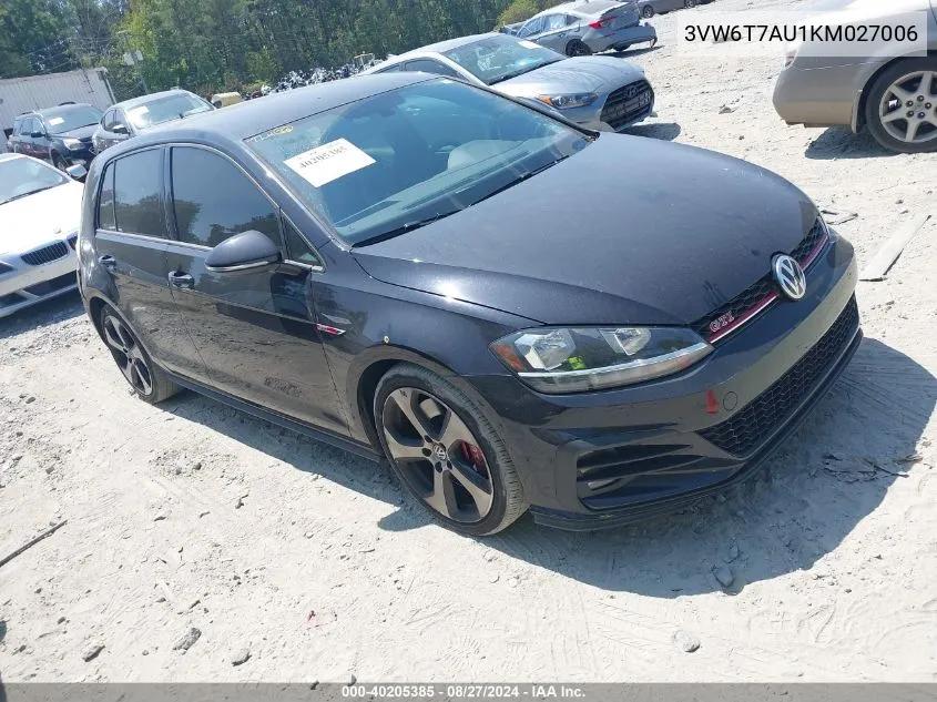 2019 Volkswagen Golf Gti 2.0T Autobahn/2.0T Rabbit Edition/2.0T S/2.0T Se VIN: 3VW6T7AU1KM027006 Lot: 40205385