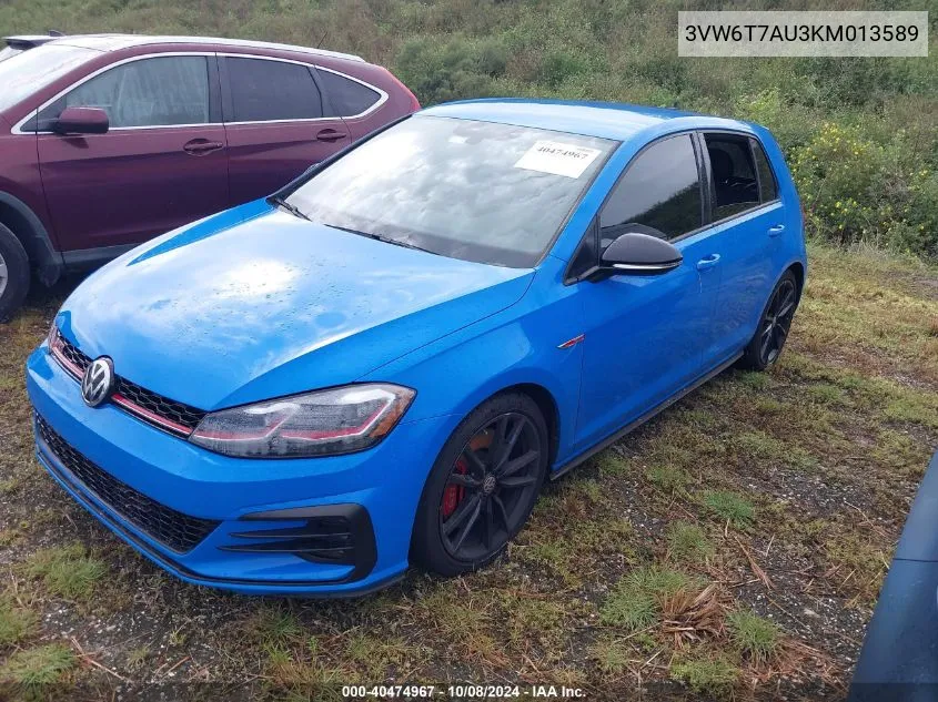 2019 Volkswagen Gti S/Se/Autobahn/Rabbit Edit VIN: 3VW6T7AU3KM013589 Lot: 40474967