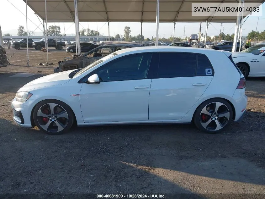 2019 Volkswagen Golf Gti 2.0T Autobahn/2.0T Rabbit Edition/2.0T S/2.0T Se VIN: 3VW6T7AU5KM014033 Lot: 40681909