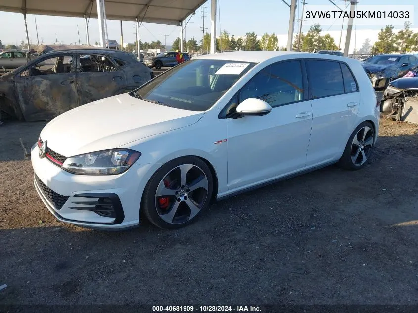 2019 Volkswagen Golf Gti 2.0T Autobahn/2.0T Rabbit Edition/2.0T S/2.0T Se VIN: 3VW6T7AU5KM014033 Lot: 40681909