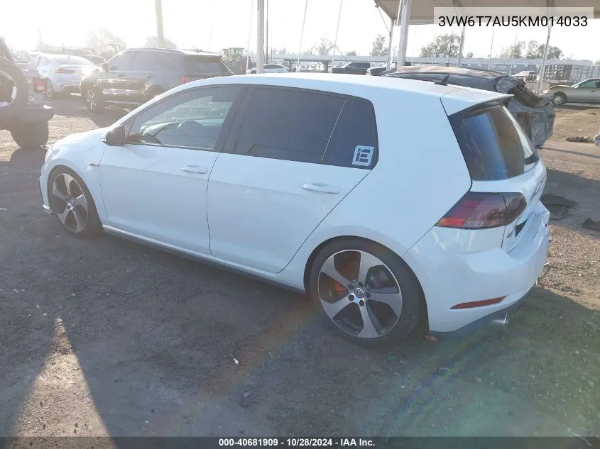 2019 Volkswagen Golf Gti 2.0T Autobahn/2.0T Rabbit Edition/2.0T S/2.0T Se VIN: 3VW6T7AU5KM014033 Lot: 40681909