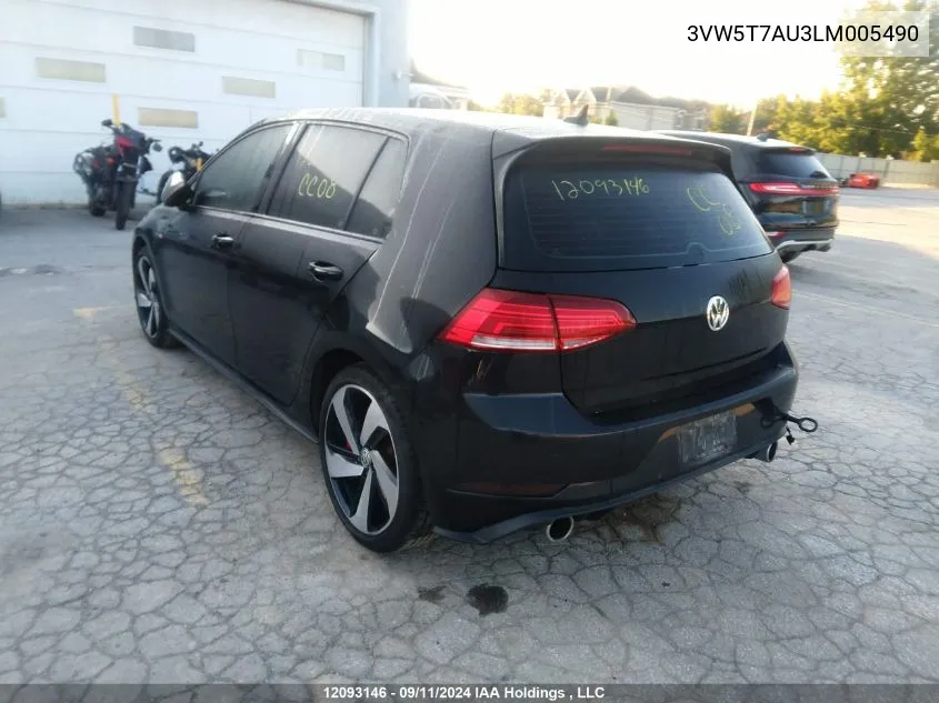 2020 Volkswagen Gti S/Se/Autobahn VIN: 3VW5T7AU3LM005490 Lot: 12093146