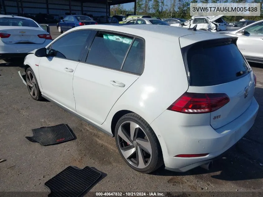 2020 Volkswagen Gti S/Se/Autobahn VIN: 3VW6T7AU6LM005438 Lot: 40647832