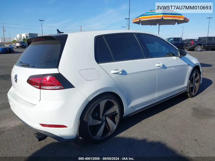 2021 Volkswagen Golf Gti 2.0T Autobahn/2.0T S/2.0T Se VIN: 3VW5T7AU7MM010693 Lot: 40012505