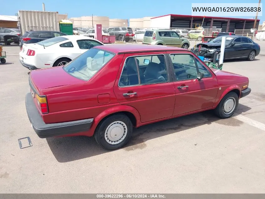 1986 Volkswagen Jetta Deluxe VIN: WVWGA0162GW826838 Lot: 39622296