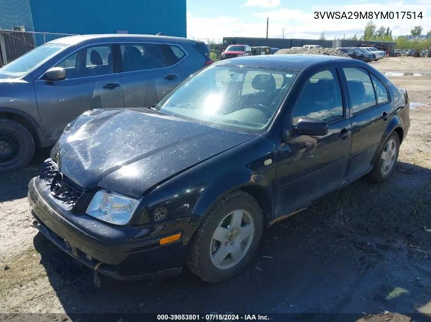 2000 Volkswagen Jetta Gls VIN: 3VWSA29M8YM017514 Lot: 39853801