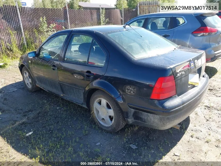 2000 Volkswagen Jetta Gls VIN: 3VWSA29M8YM017514 Lot: 39853801