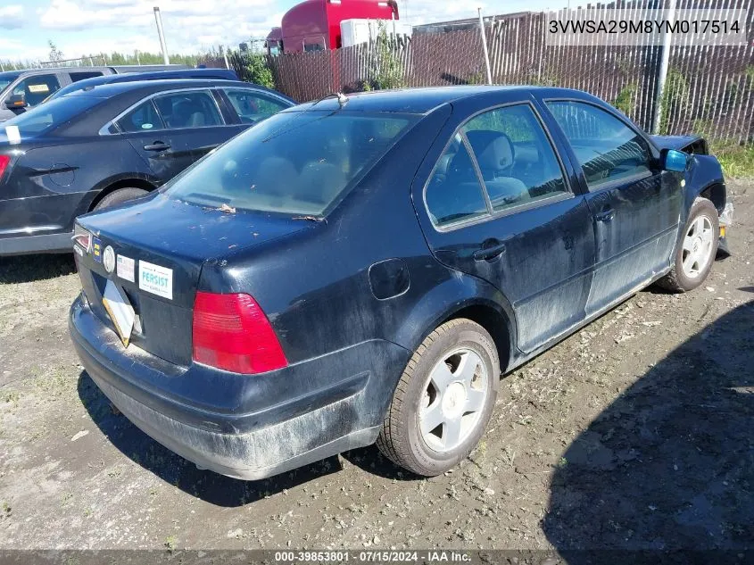 2000 Volkswagen Jetta Gls VIN: 3VWSA29M8YM017514 Lot: 39853801