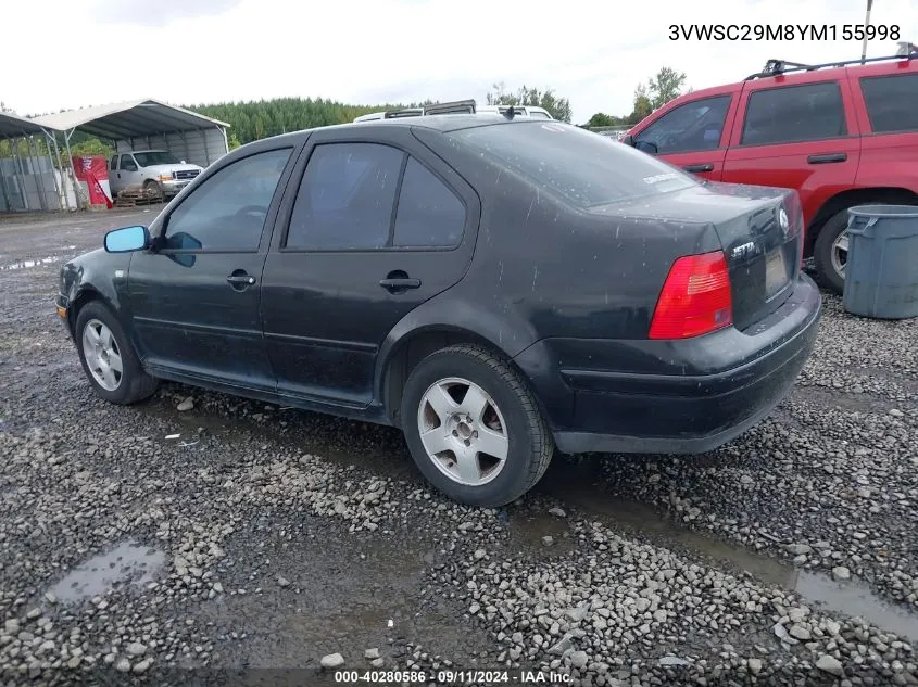 2000 Volkswagen Jetta Gls VIN: 3VWSC29M8YM155998 Lot: 40280586