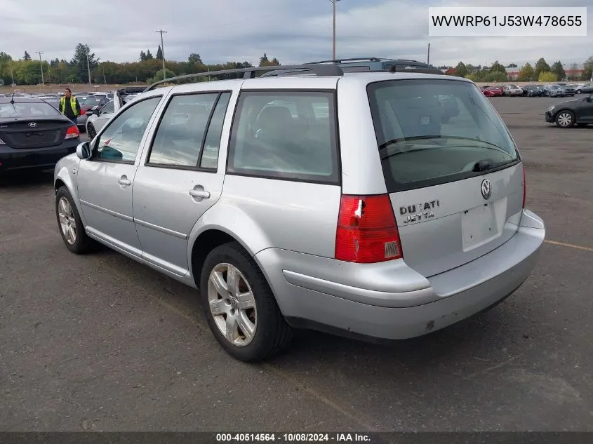 2003 Volkswagen Jetta Gl Tdi VIN: WVWRP61J53W478655 Lot: 40514564