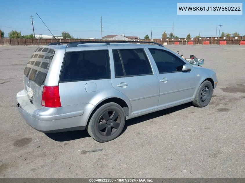 2003 Volkswagen Jetta Gls 2.0L VIN: WVWSK61J13W560222 Lot: 40522280