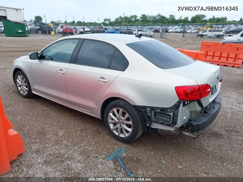 2011 Volkswagen Jetta 2.5L Se VIN: 3VWDX7AJ9BM316345 Lot: 39837005